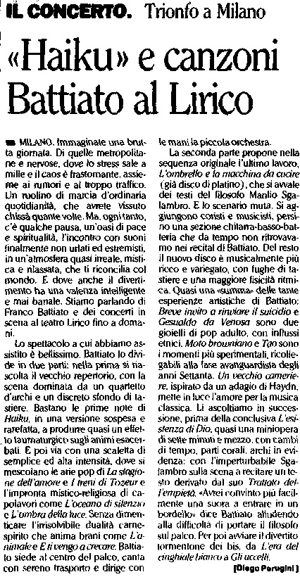 «Haiku» e canzoni Battiato al Lirico