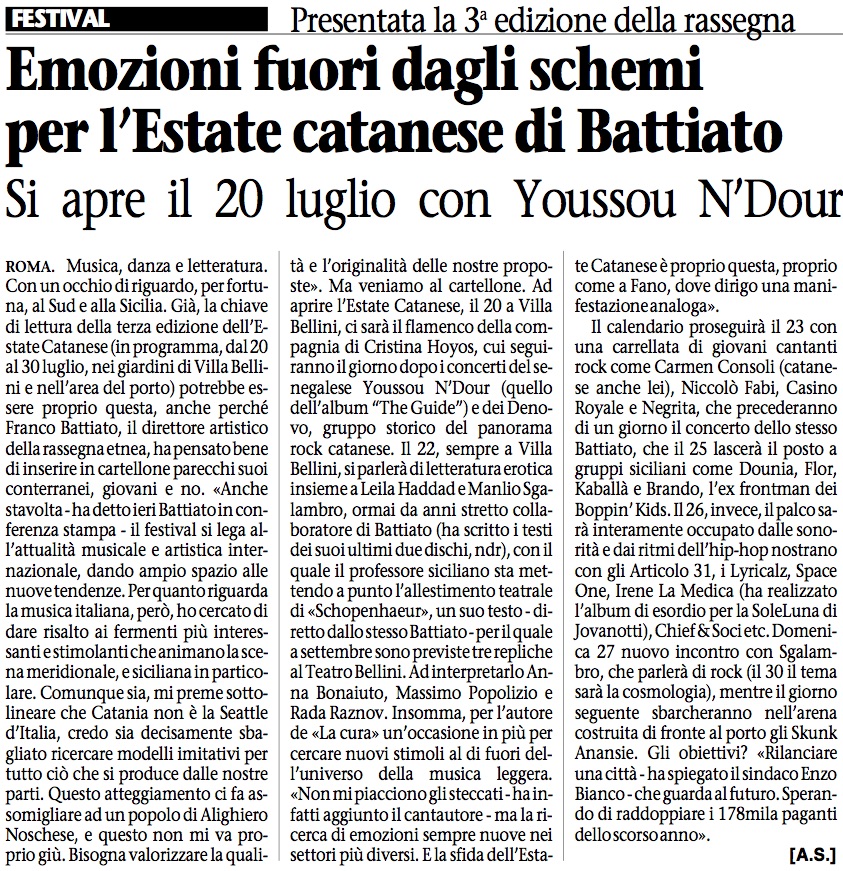 Emozioni fuori dagli schemi per l'Estate catanese di Battiato