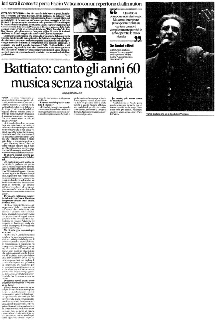 Battiato: canto gli anni 60 musica senza nostalgia