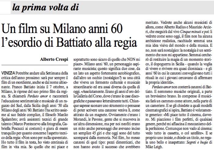 Un film su Milano anni 60 l'esordio di Battiato alla regia