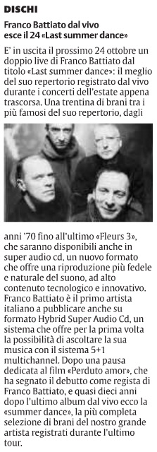 Franco Battiato dal vivo esce il 24 «Last summer dance»