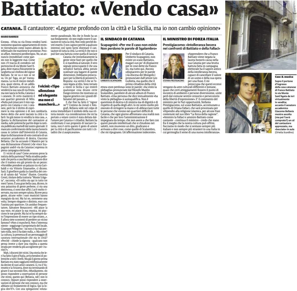 Battiato: «Vendo casa»