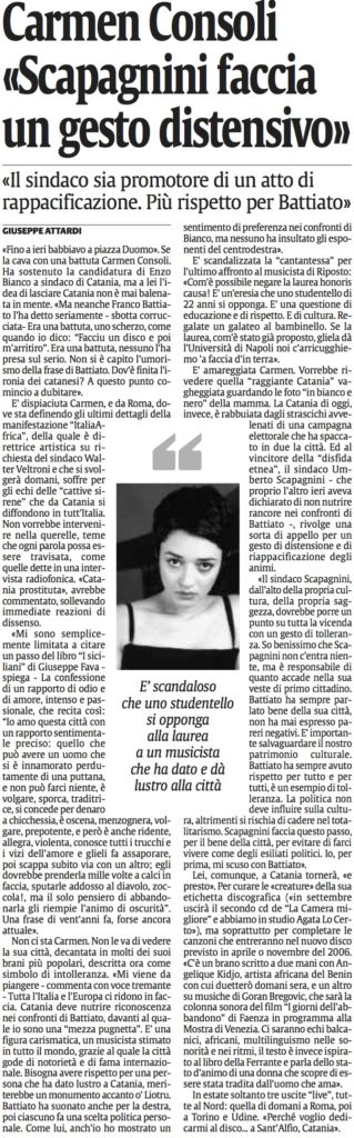 Carmen Consoli «Scapagnini faccia un gesto distensivo»