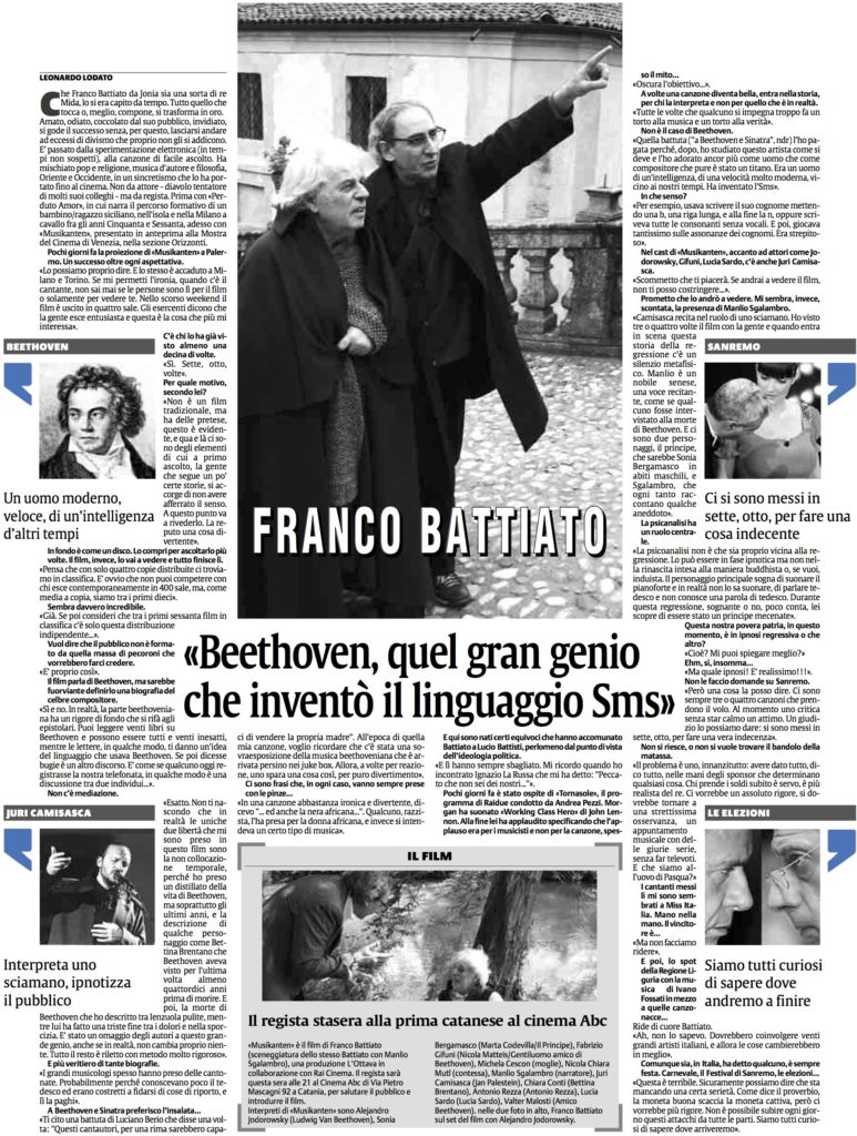 Franco Battiato «Beethoven, quel gran genio che inventò il linguaggio Sms»