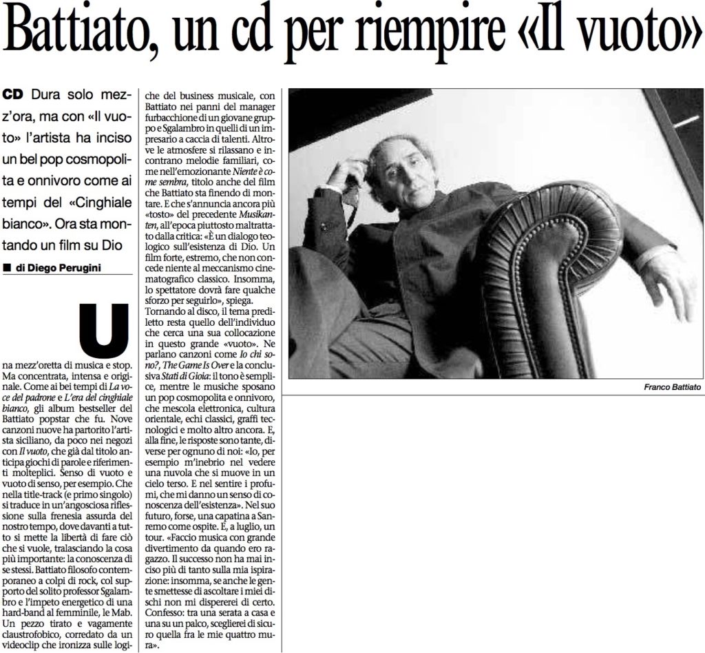 Battiato un cd per riempire «Il vuoto»