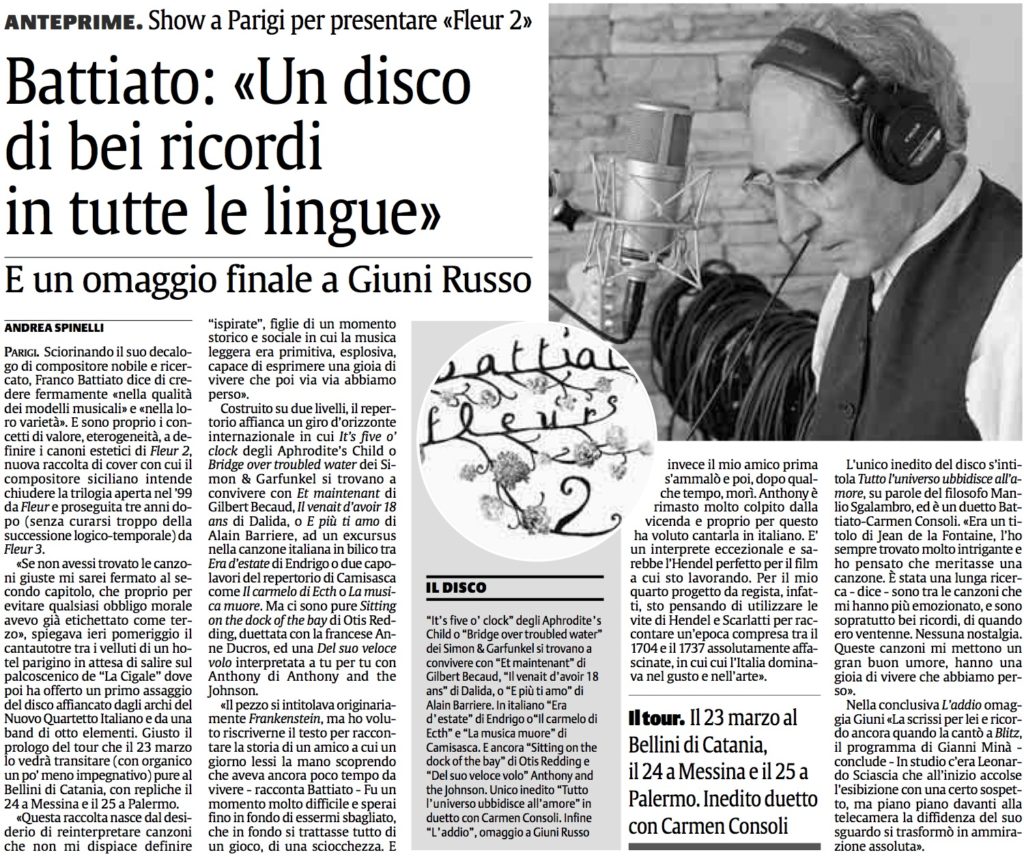 Battiato: «Un disco di bei ricordi in tutte le lingue»
