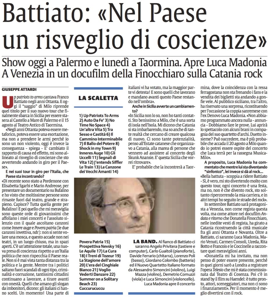 Battiato: «Nel Paese un risveglio di coscienze»