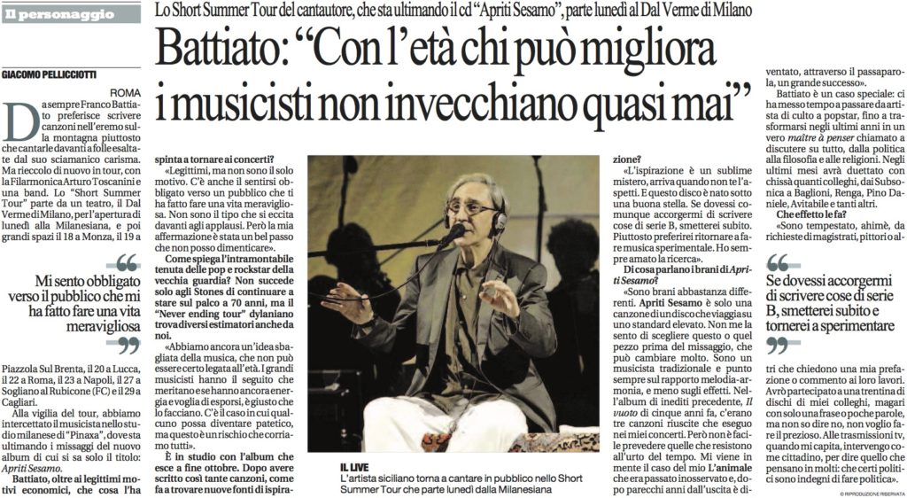 Battiato: “Con l'età chi puo migliora i musicisti non invecchiano quasi mai”
