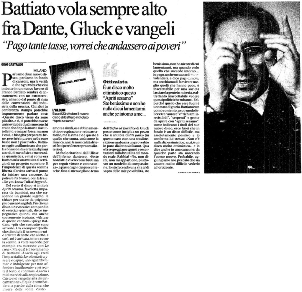 Battiato vola sempre alto fra Dante Gluck e vangeli