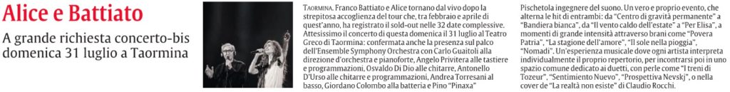 Alice e Battiato A grande richiesta concerto-bis domenica 31 luglio a Taormina