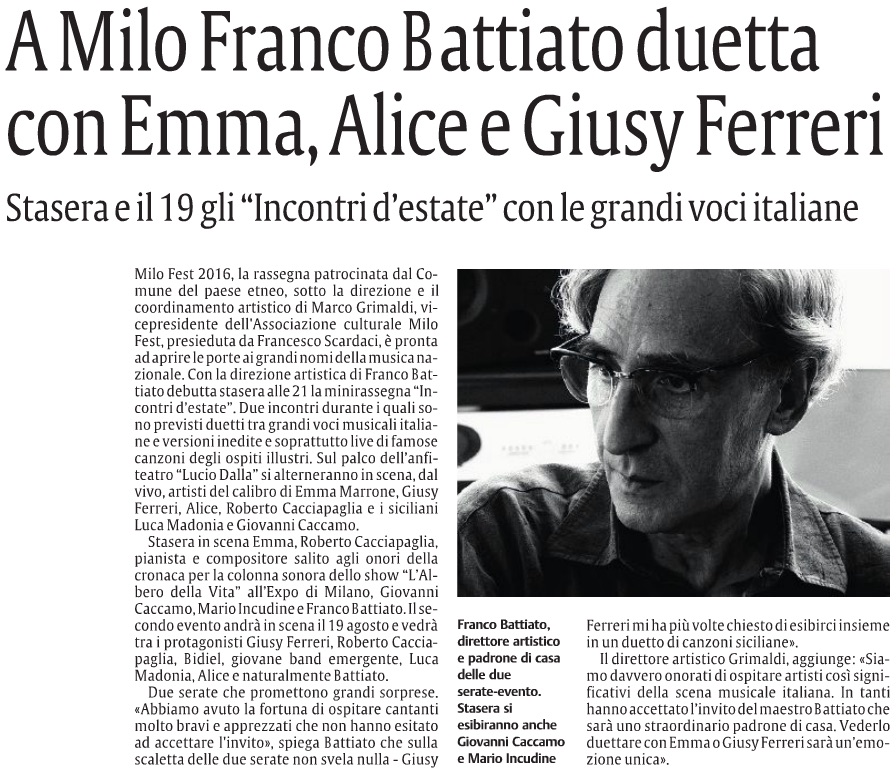 A Milo Franco Battiato duetta con Emma, Alice e Giusy Ferreri